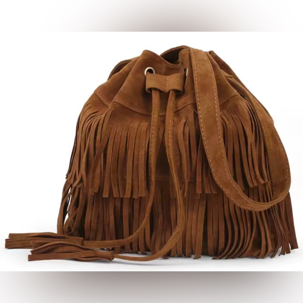 NWOT boho fringe faux suede bucket bag